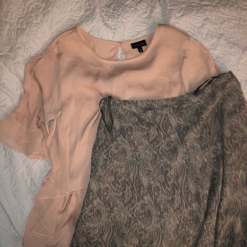 Jones New York skirt and light pink shirt